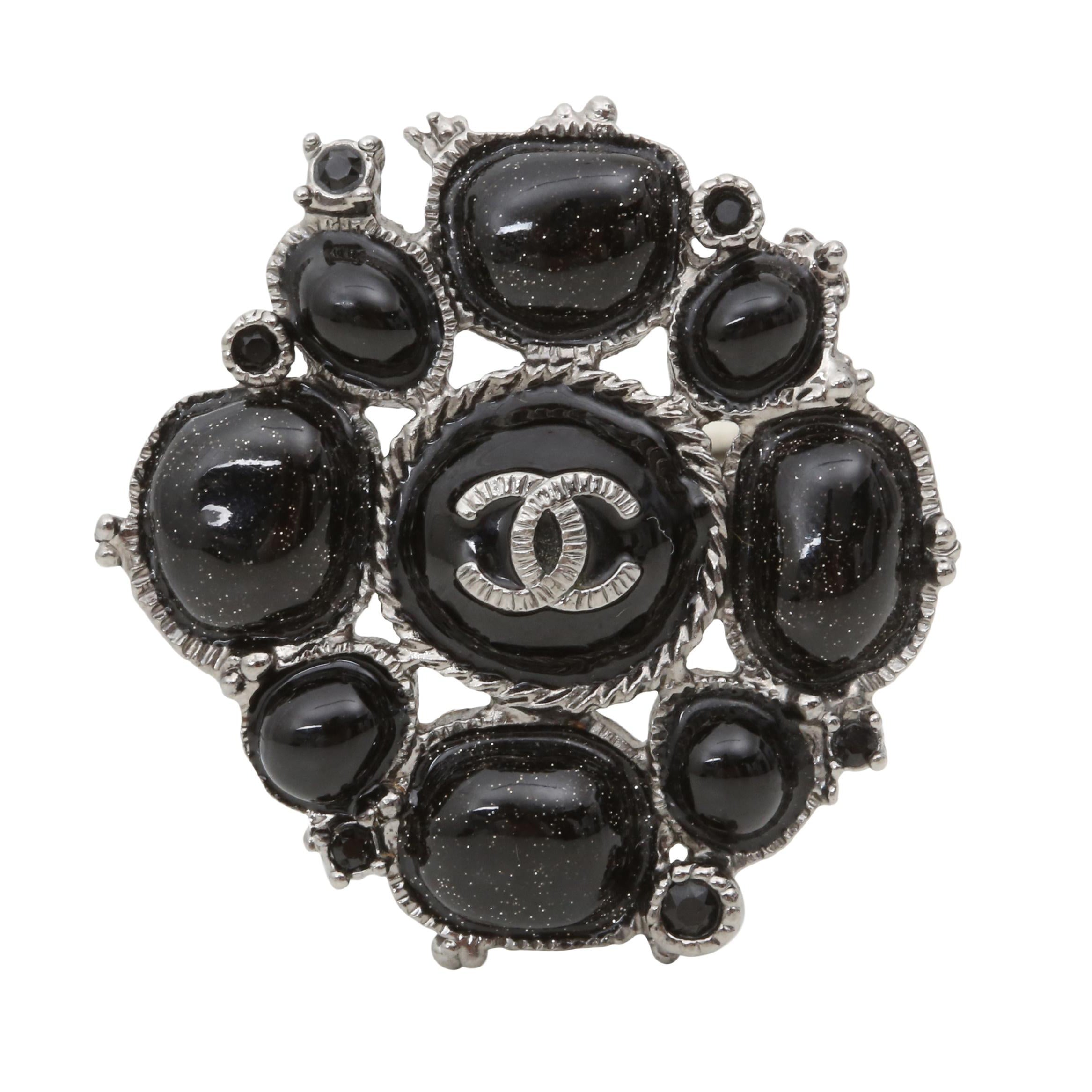 Chanel Black CC Logo Gripoix Pin Brooch