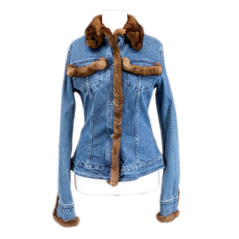 Blue Denim Jacket with Brown Fur Trim