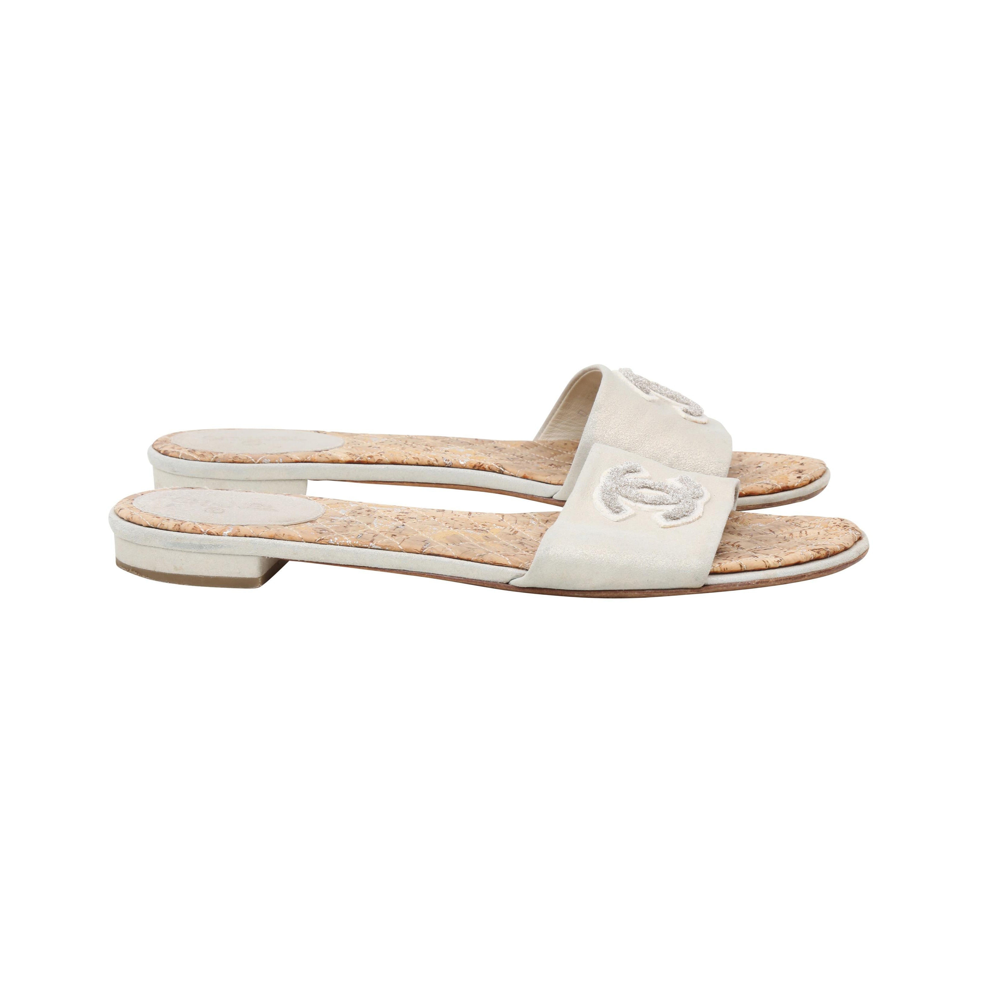 Chanel Pale Gold Embroidered Logo Slide - Size 41.5 EU / 11.5 US