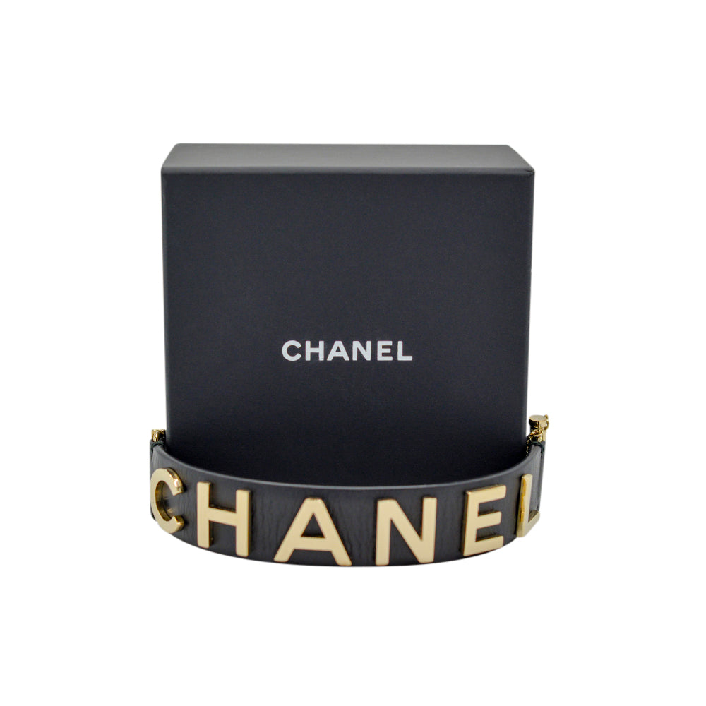 Chanel Logo Black Calfskin and Gold Cuff Bracelet