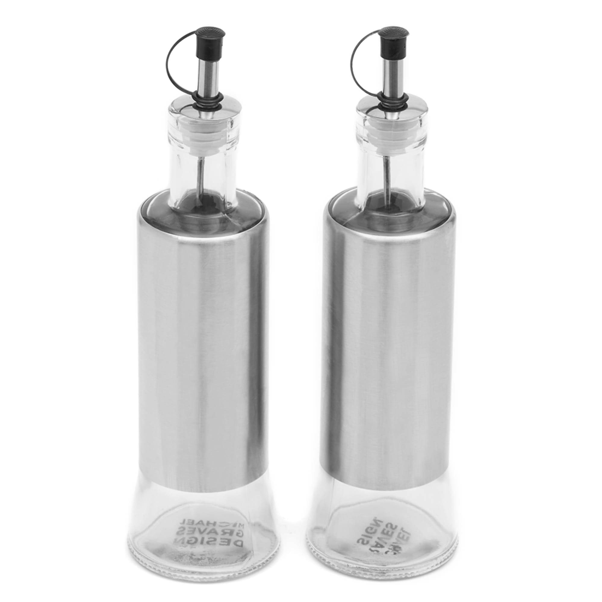 Essence 2 Piece 10 Ounce Stainless Steel Oil and Vinegar Set with Clear Glass Bottoms, Silver