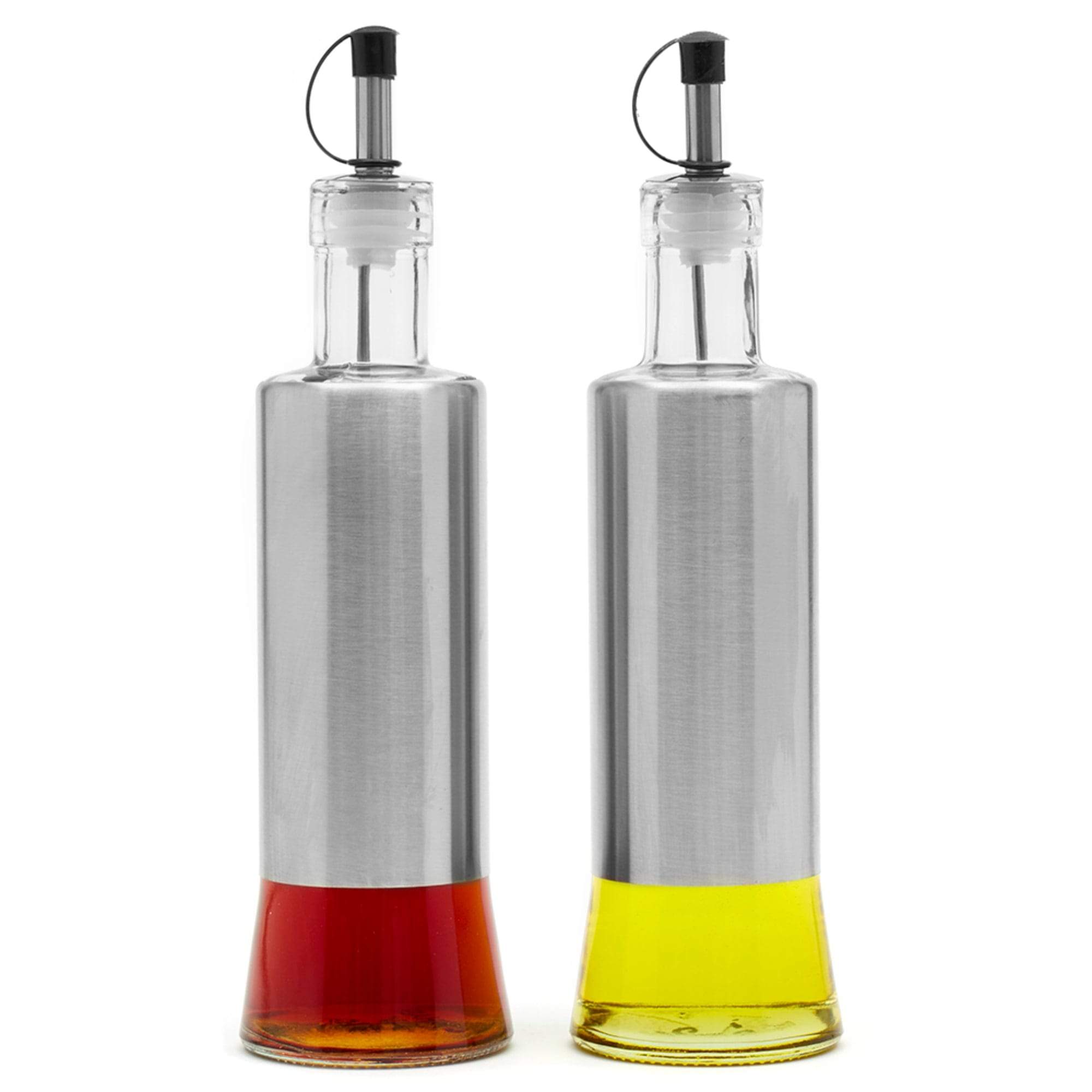 Essence 2 Piece 10 Ounce Stainless Steel Oil and Vinegar Set with Clear Glass Bottoms, Silver