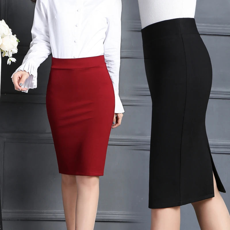 Midi Pencil Skirt Women's 2022 Trend Elastic High Waist Office Lady Bodycon Knee-Length Straight Skirts Elegant Slit Formal Suit