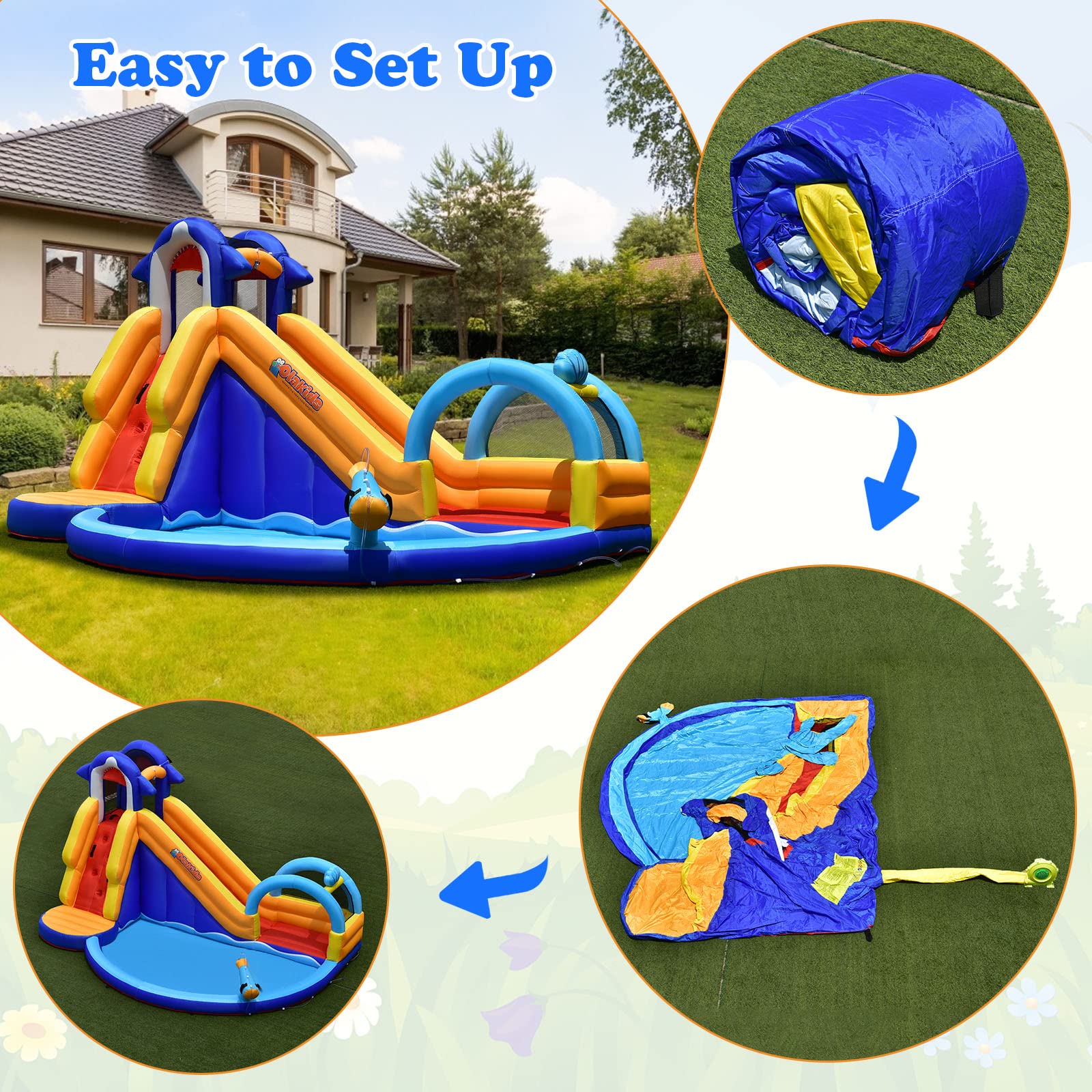 INFANS Inflatable Water Slides, Shark Theme 14FT x 10FT x 8.5FT Bouncy House with Slide, Splash Pool, Climbing Wall, Water Gun