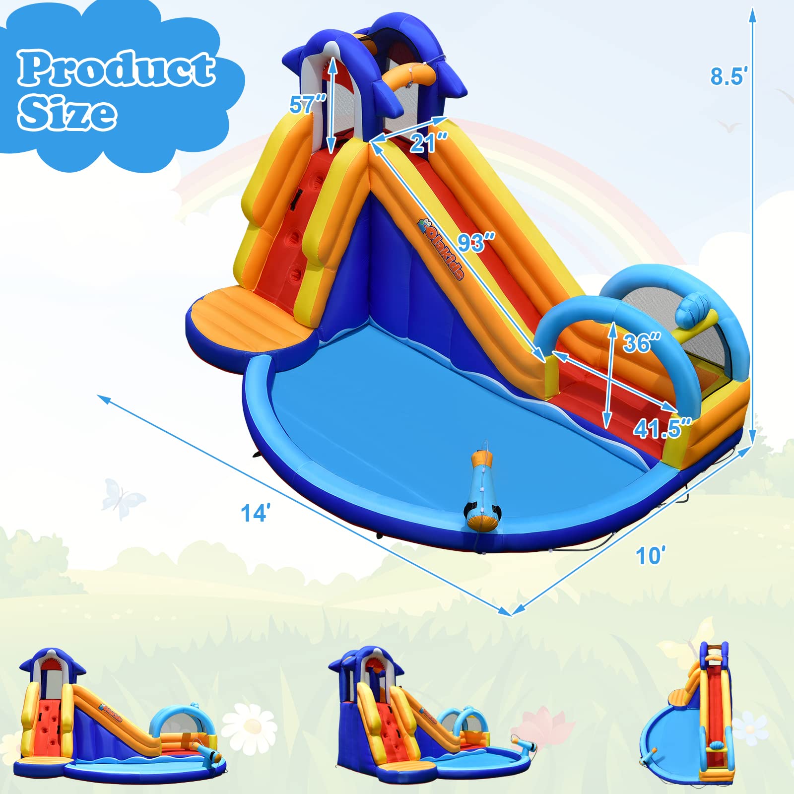 INFANS Inflatable Water Slides, Shark Theme 14FT x 10FT x 8.5FT Bouncy House with Slide, Splash Pool, Climbing Wall, Water Gun