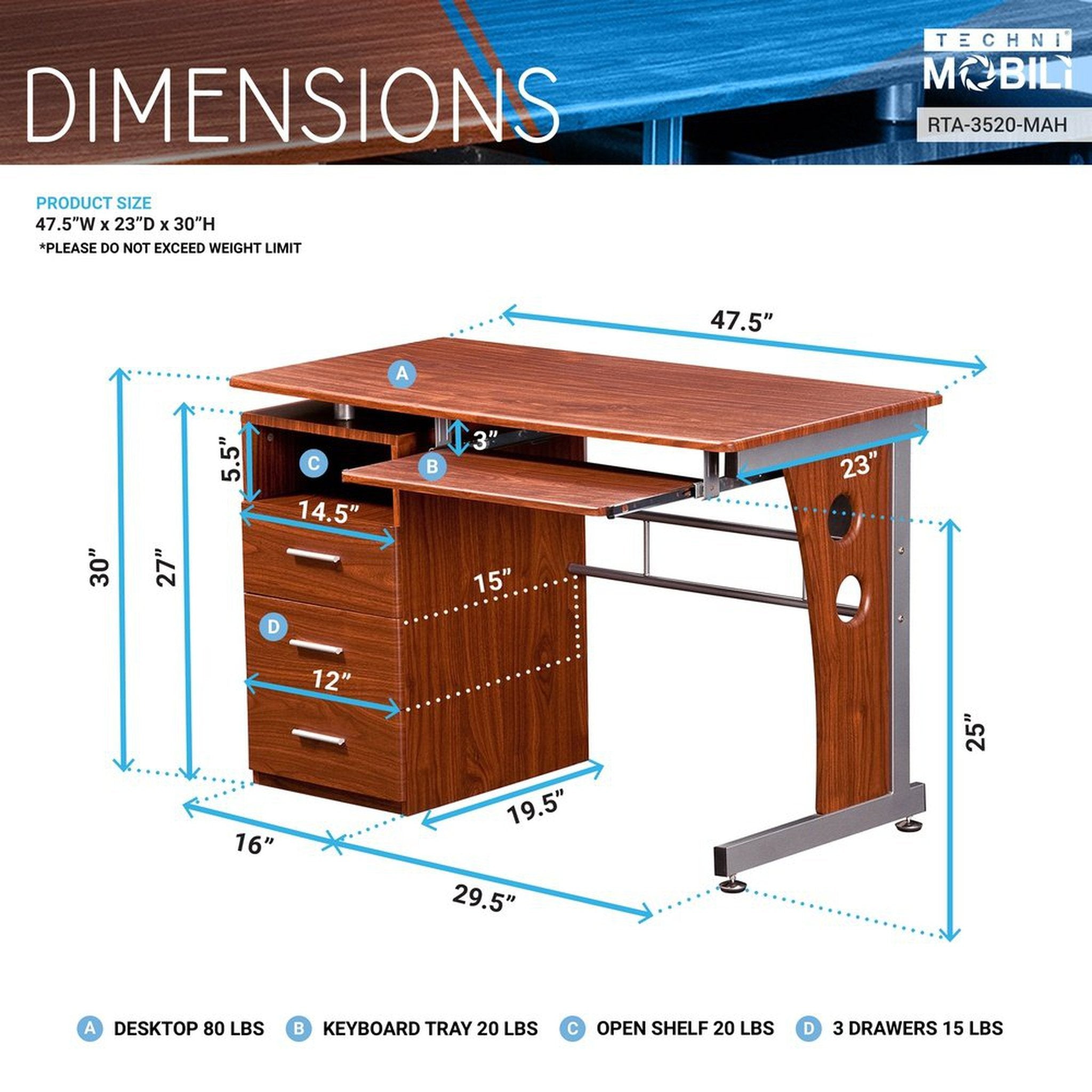 Techni Mobili Computer Desk with Ample Storage, Mahogany