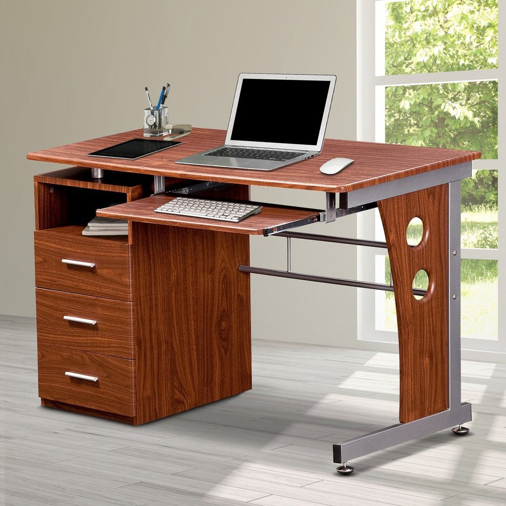 Techni Mobili Computer Desk with Ample Storage, Mahogany