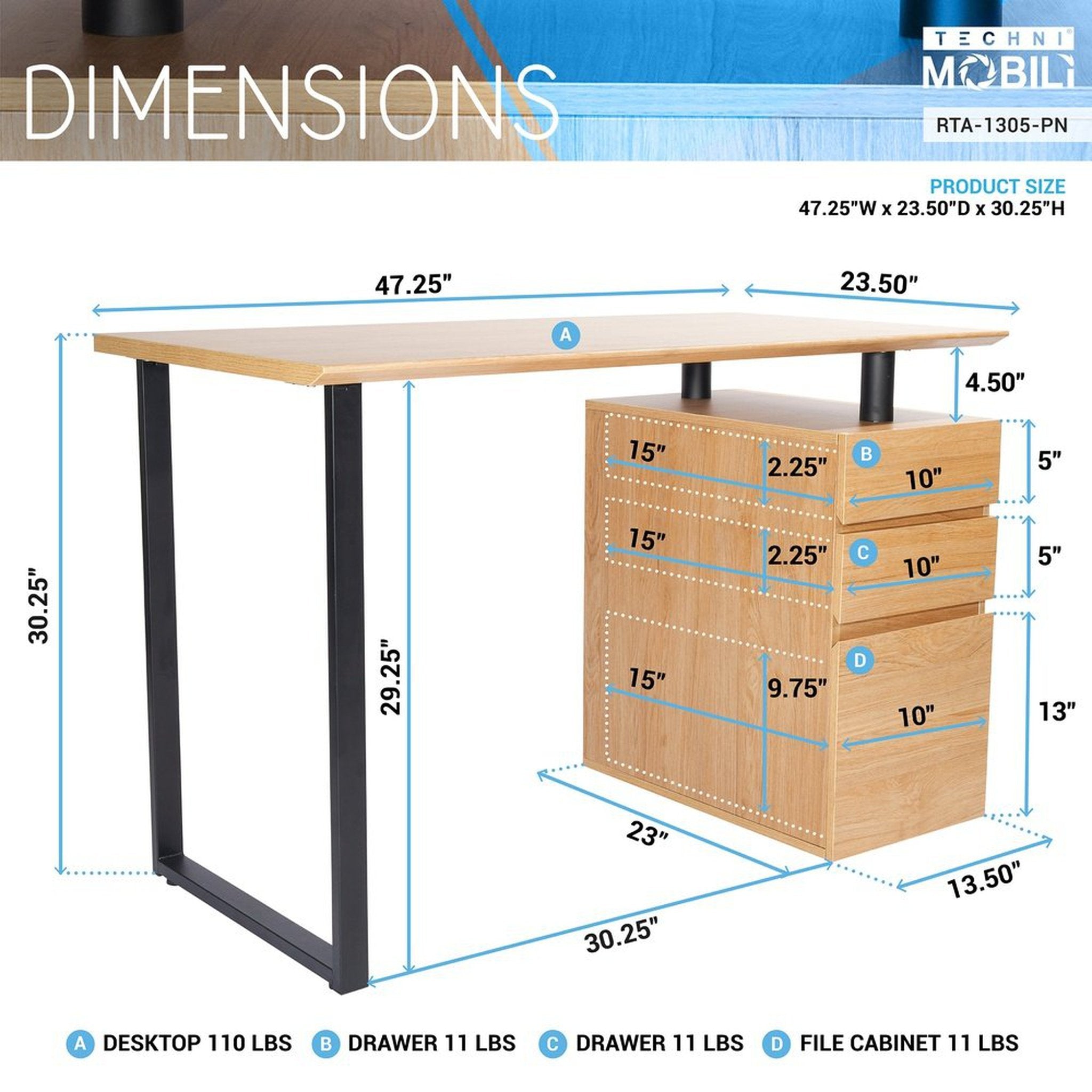 Techni Mobili Computer Desk with Storage and File Cabinet, Pine