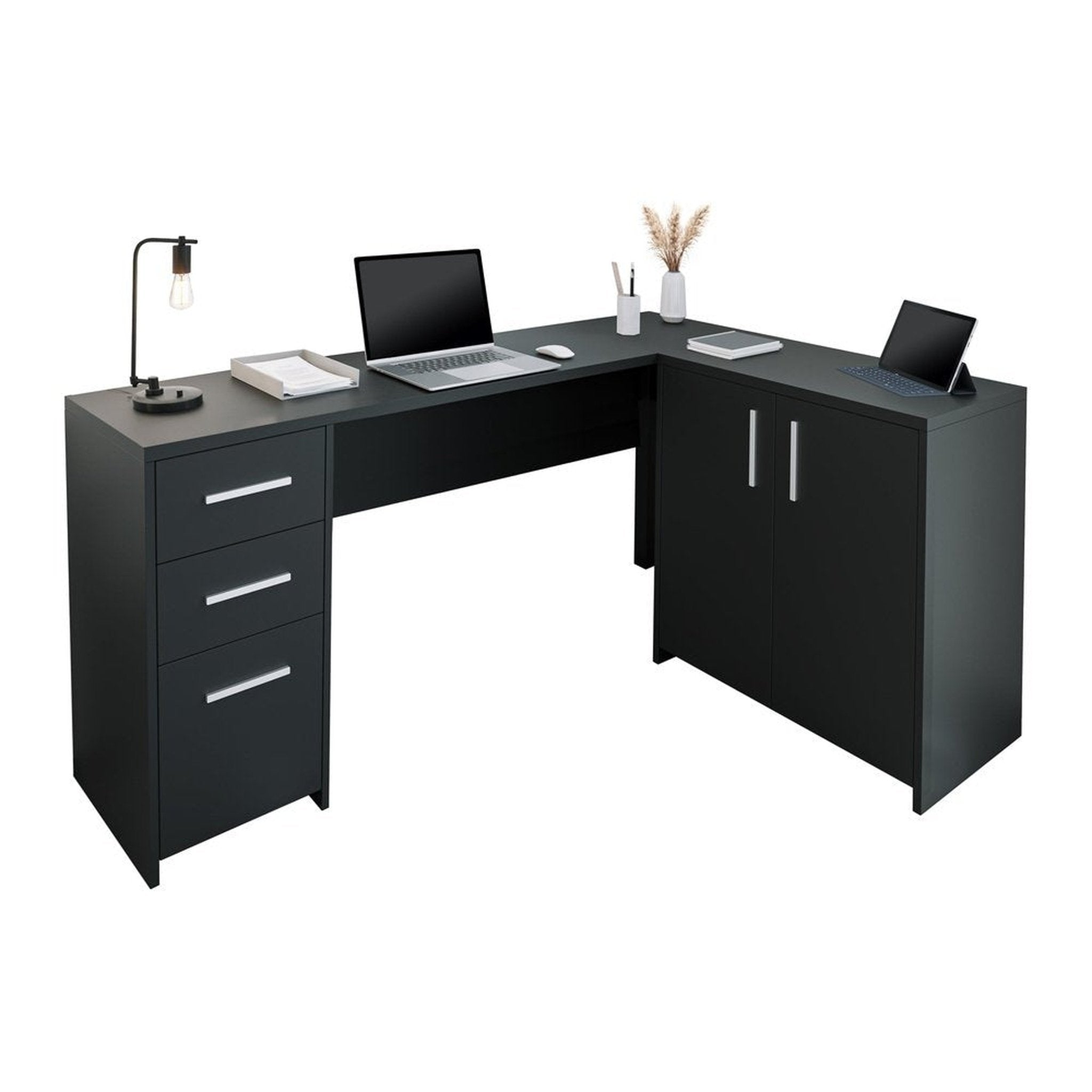 Techni Mobili Corner L-Shape Desk with Storage, Black