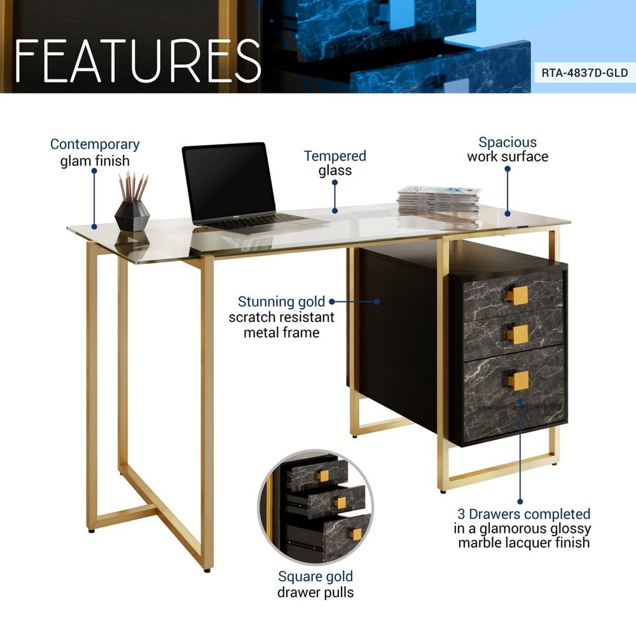 Techni Mobili Gold Computer Desk with Storage