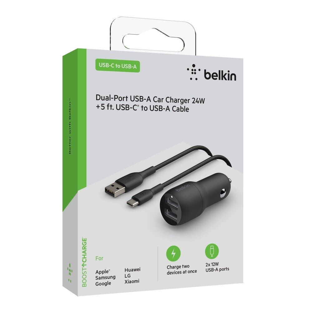Belkin BOOSTCHARGE 24W Dual-Port USB-A to USB-C Car Charger - 5ft F5Z084-05-BLK