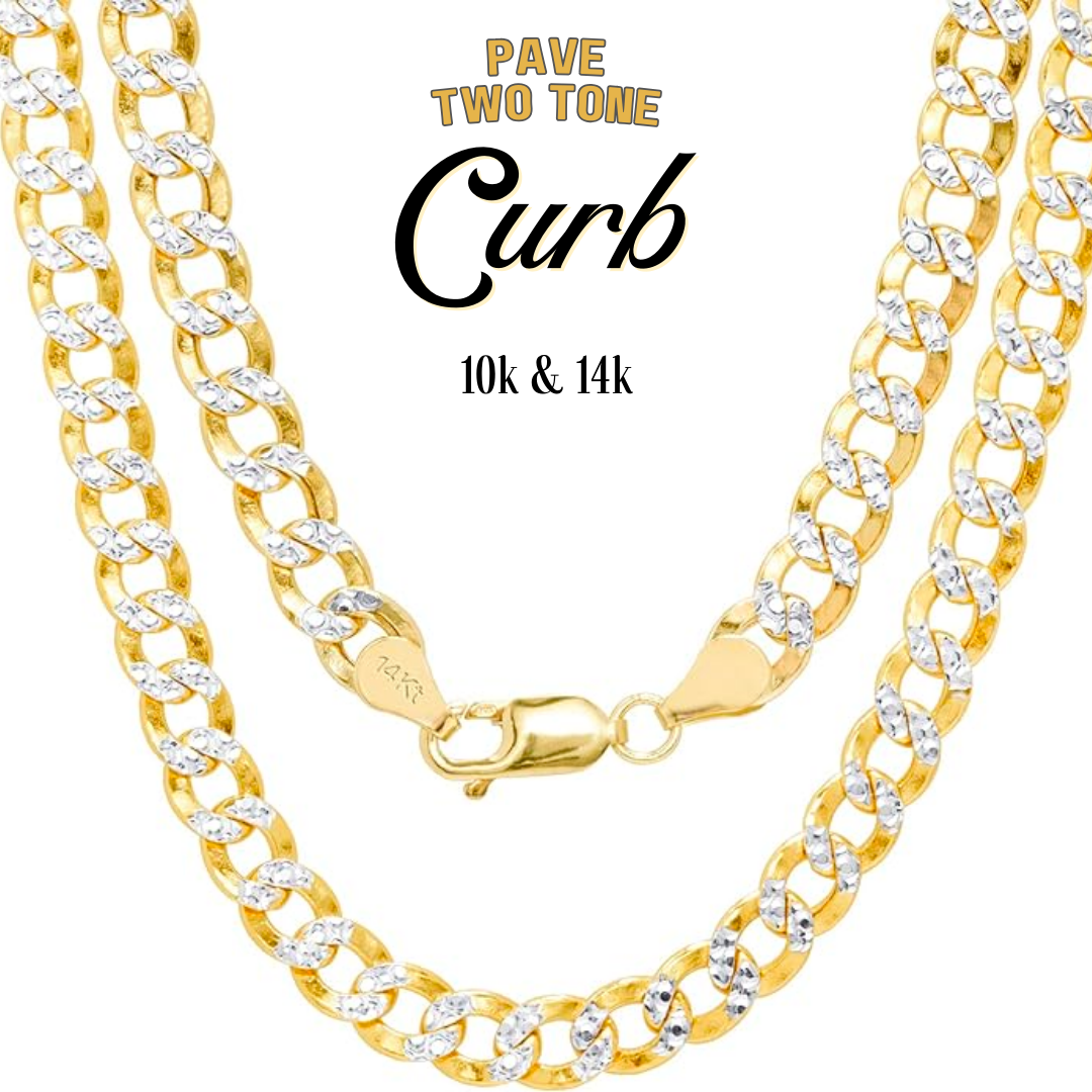 10K & 14K Semi-Solid Gold Curb Two-tone Pave Diamond-cut Link Chain | 3.5mm-11mm Width | 18in-26in Length