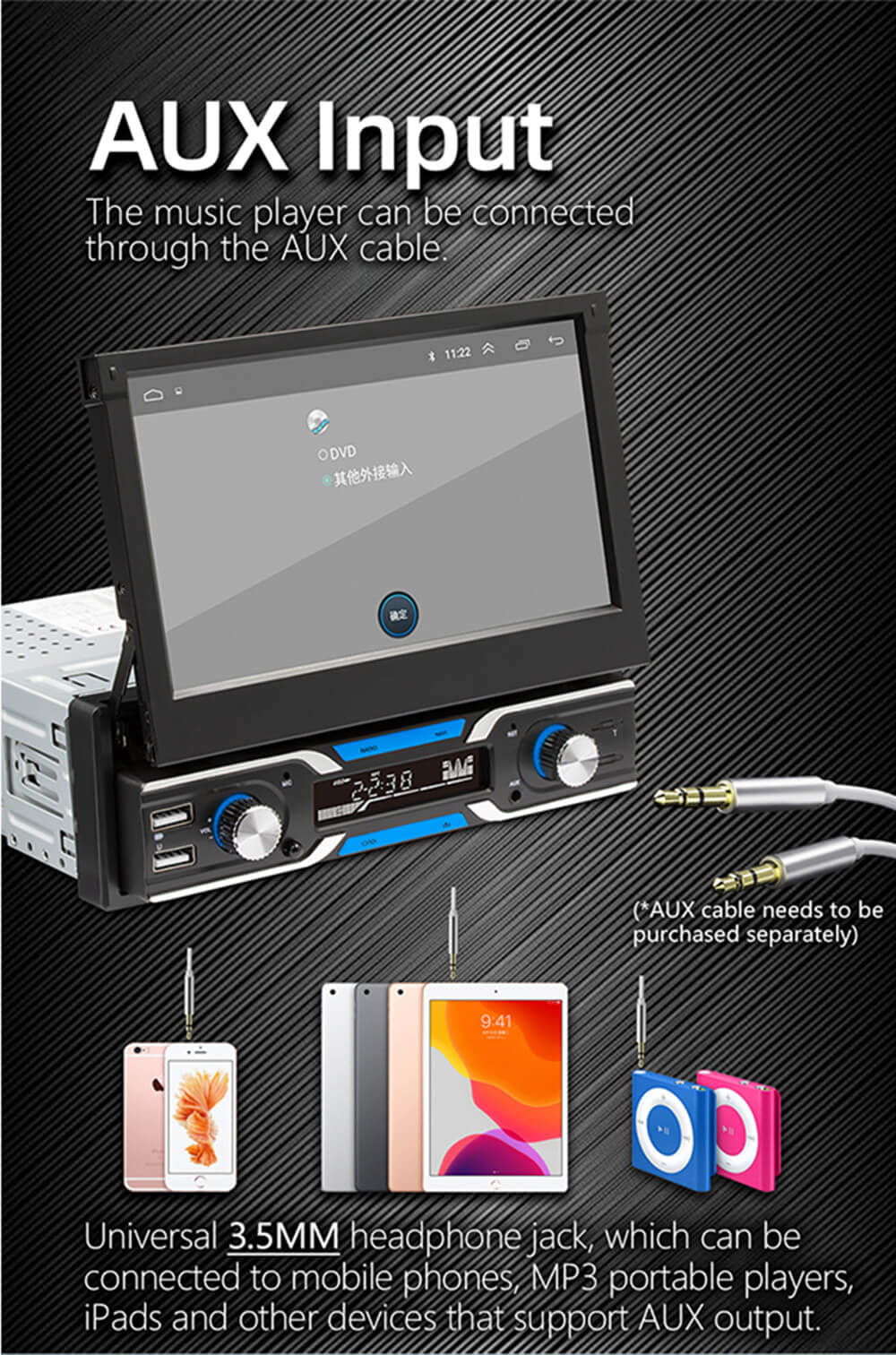 Android 9.0 Autoradio Rétractable GPS Wifi Autoradio 1 Din 7'' Écran tactile  Voiture Multimédia Mp5 Player Support Caméra Pas de DVD