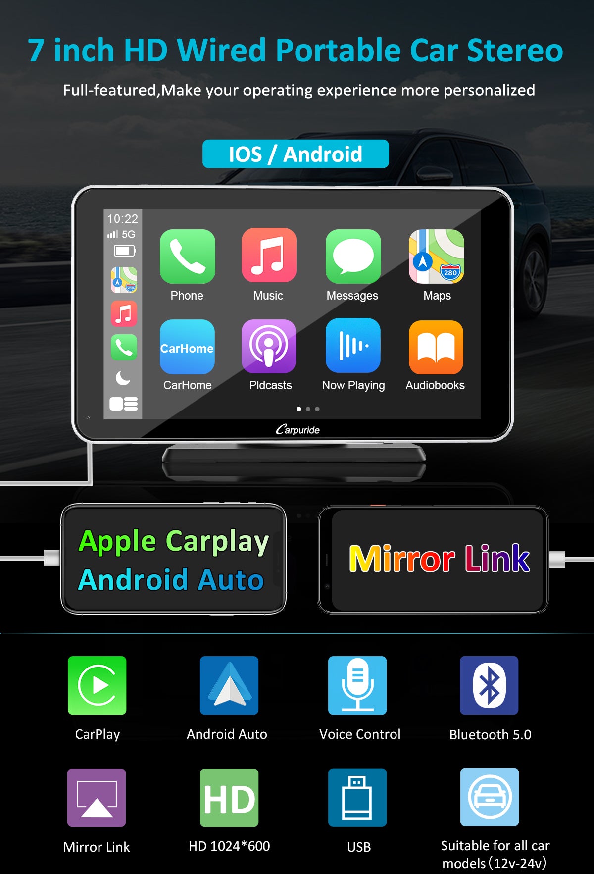 Carpuride Portable Wired CarPlay - Apple CarPlay/Android Auto /7IPS Touch  Screen/ Multimedia Bluetooth Navigation Dashboard Console