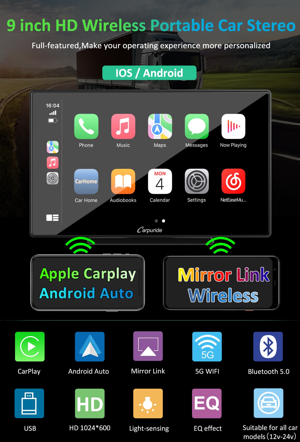 CARPURIDE Wireless Portable Car Stereo, support Google and Siri Assist
