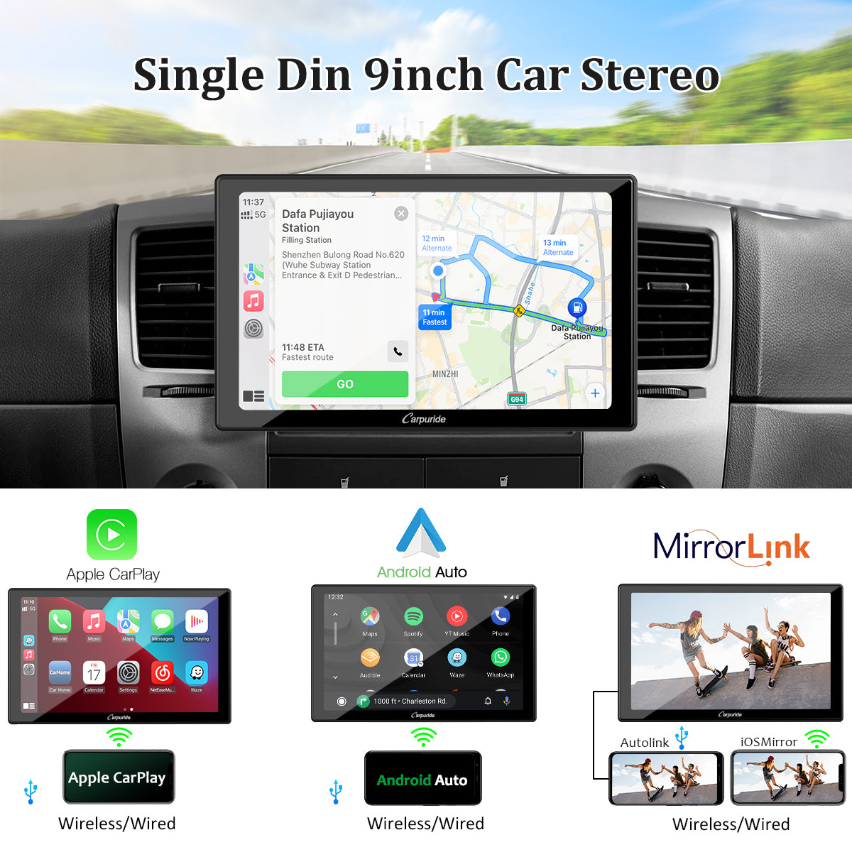 1 Din 10 Touchscreen Android Head Unit GPS Navigation CarPlay Androi