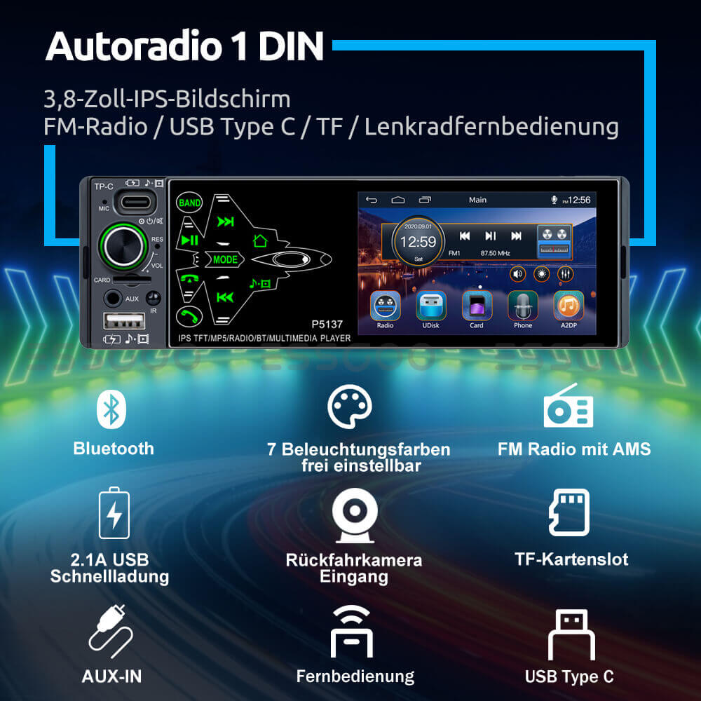 Single-Din-Bluetooth-Autoradio, kapazitiver 4-Zoll-Touchscreen,  FM/AM/RDS-Radioempfänger mit mehreren Schnittstellen, Rückfahrkamera,  Lenkradsteuerung – ESSGOO