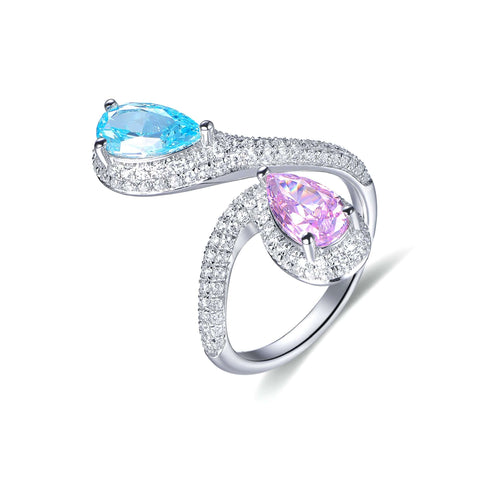 Trendolla Aquamarine Heart And Rose Quartz Heart Twogether Engagement ring Toi et Moi Ring