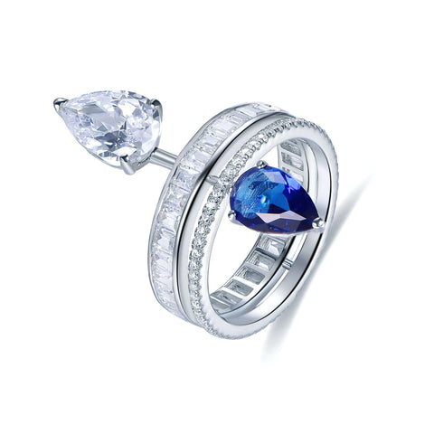 Trendolla Crystal Heart And Sapphire Heart Cubic Zirconia Diamond Toi et Moi Ring