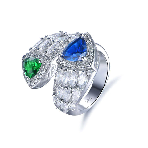 Emerald And Sapphire Heart CZ Engagement Ring Toi et Moi Ring