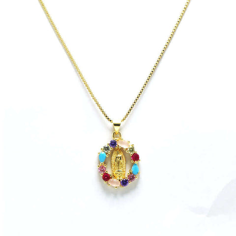 Oval Heart-shaped Colored Zirconia Virgin Mary Virgencita Necklace
