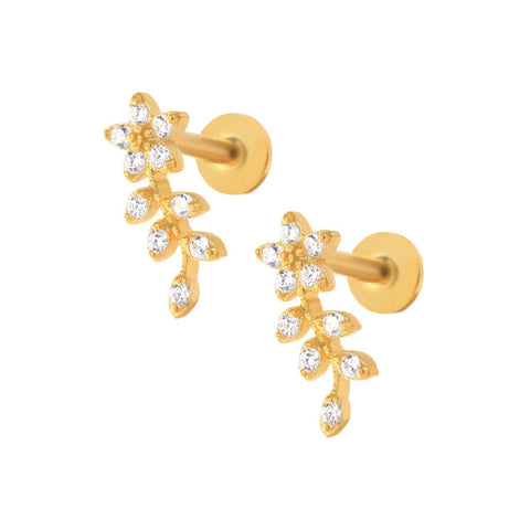 Floral and CZ Diamond Flat Back Cartilage Stud Earrings