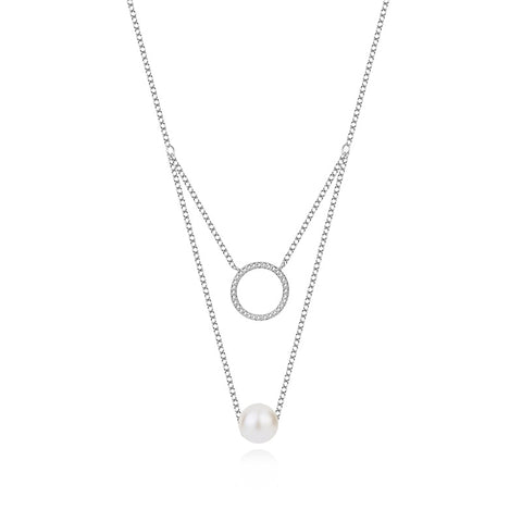 Silver Double Layered Real Pearl Pendant Necklace