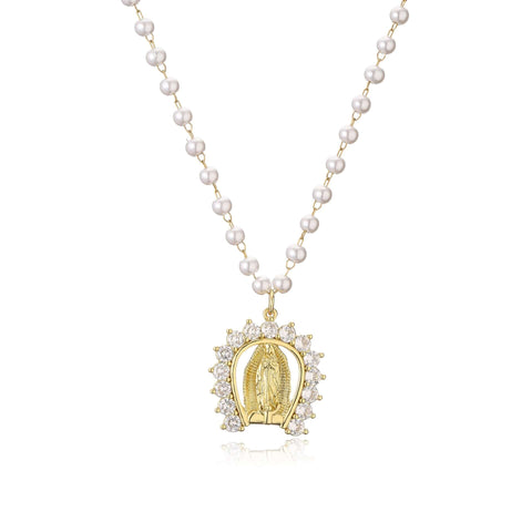 Micropavé Fancy Diamond Pearl Chain Virgin Mary Necklaces