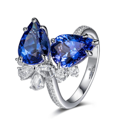 Double Diamond Tanzanite Blue Drop Pear Shape Toi et Moi Ring