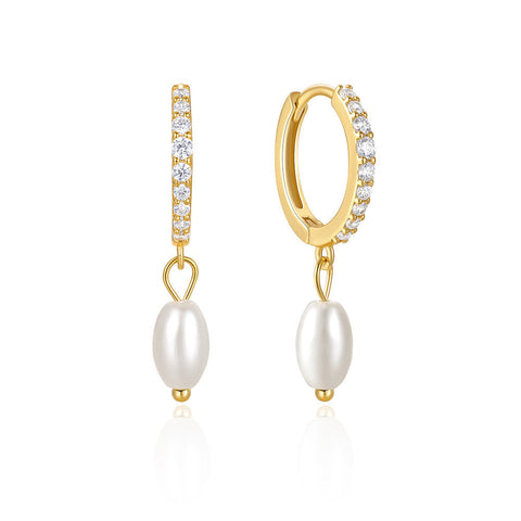 Luxury Cubic Zircon Huggie Hoop Earrings with Pearl Pendant