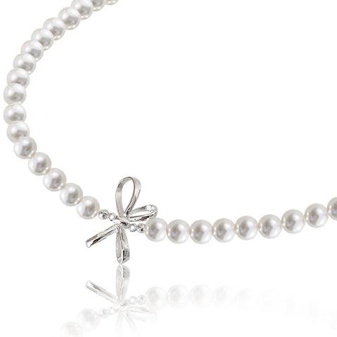 Silver Ribbon Knot Real Pearl Necklace