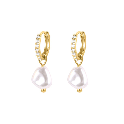 Baroque Style Huggie Hoop Earrings with Pearl Pendant