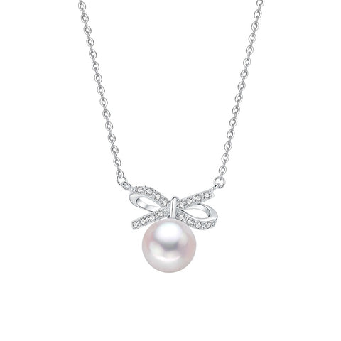 925 Sterling Silver Sweet Ribbon Real Pearl Necklace