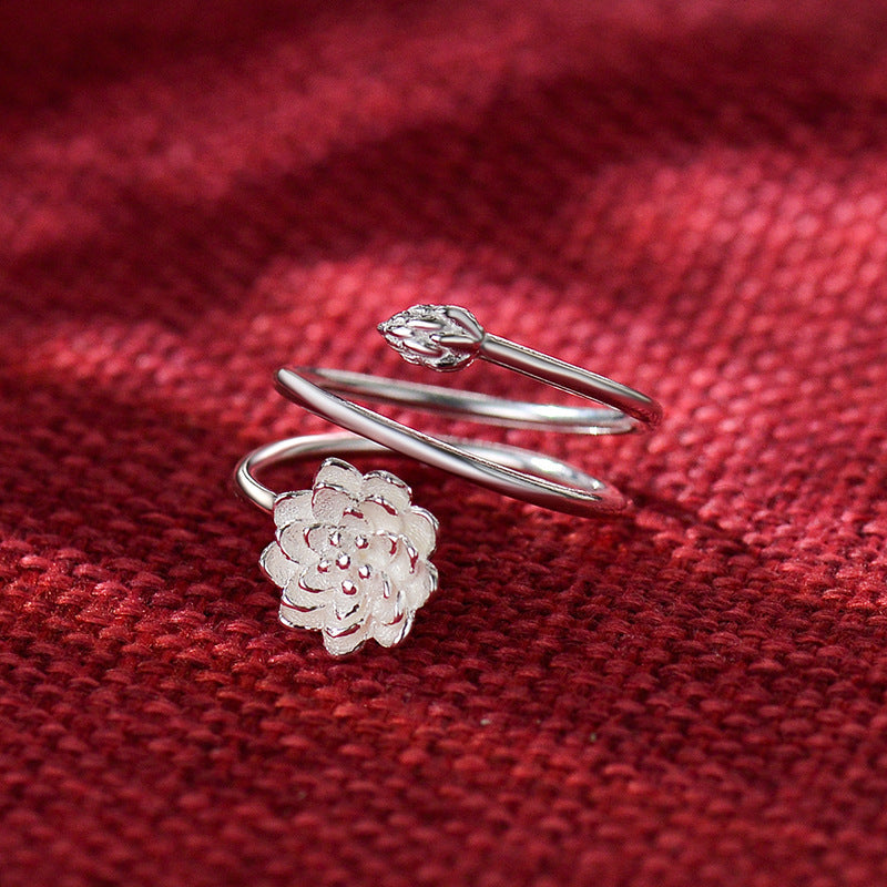 Toi et Moi Ring with Lotus Flower in Sterling Silver