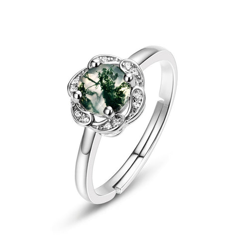 S925 Silver Flower Green Moss Agate Engagement Ring