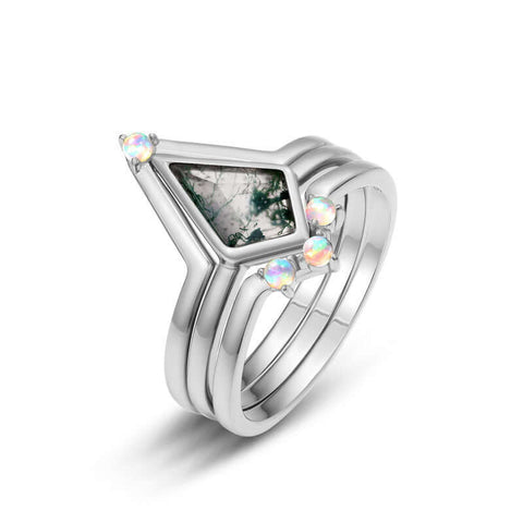 S925 Opal Kite Cut Moss Agate Engagement Ring
