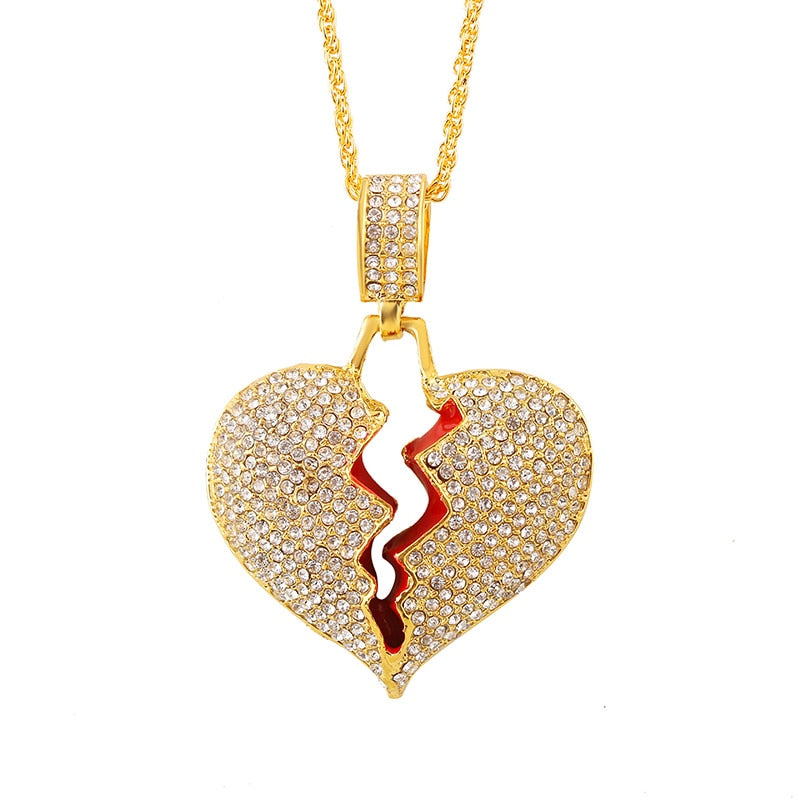 Fashion Broken Heart Pendant Necklaces Women Men Hip Hop Jewelry Gold Silver Color Iced Out Chain Rhinestone Statement Necklace
