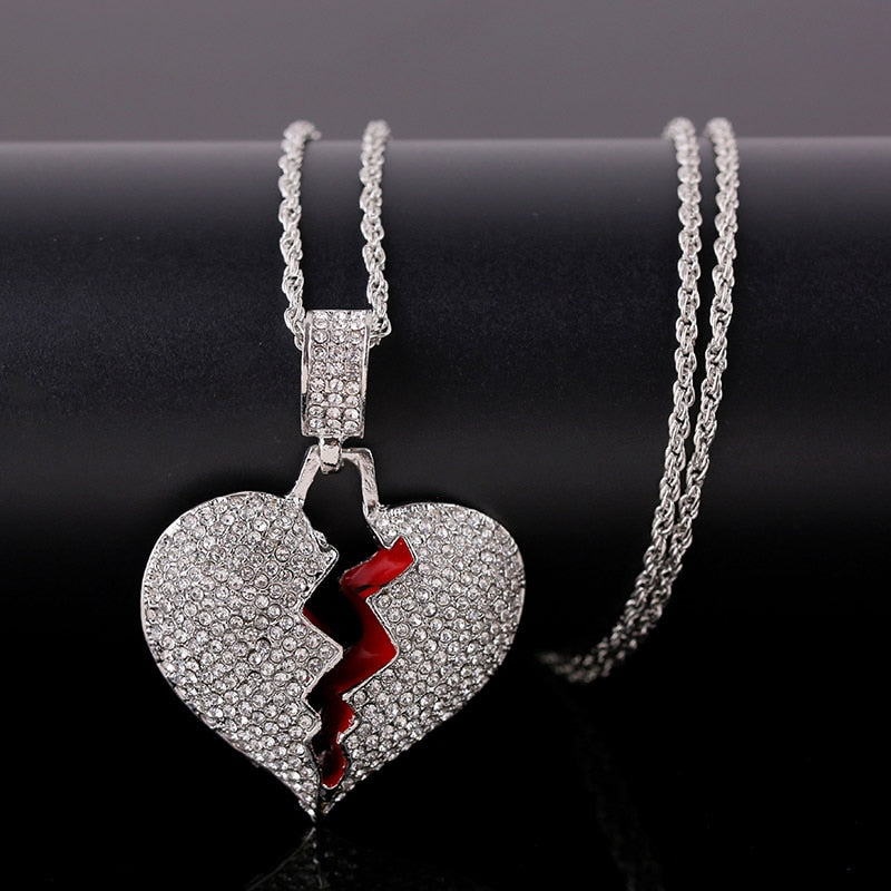 Fashion Broken Heart Pendant Necklaces Women Men Hip Hop Jewelry Gold Silver Color Iced Out Chain Rhinestone Statement Necklace