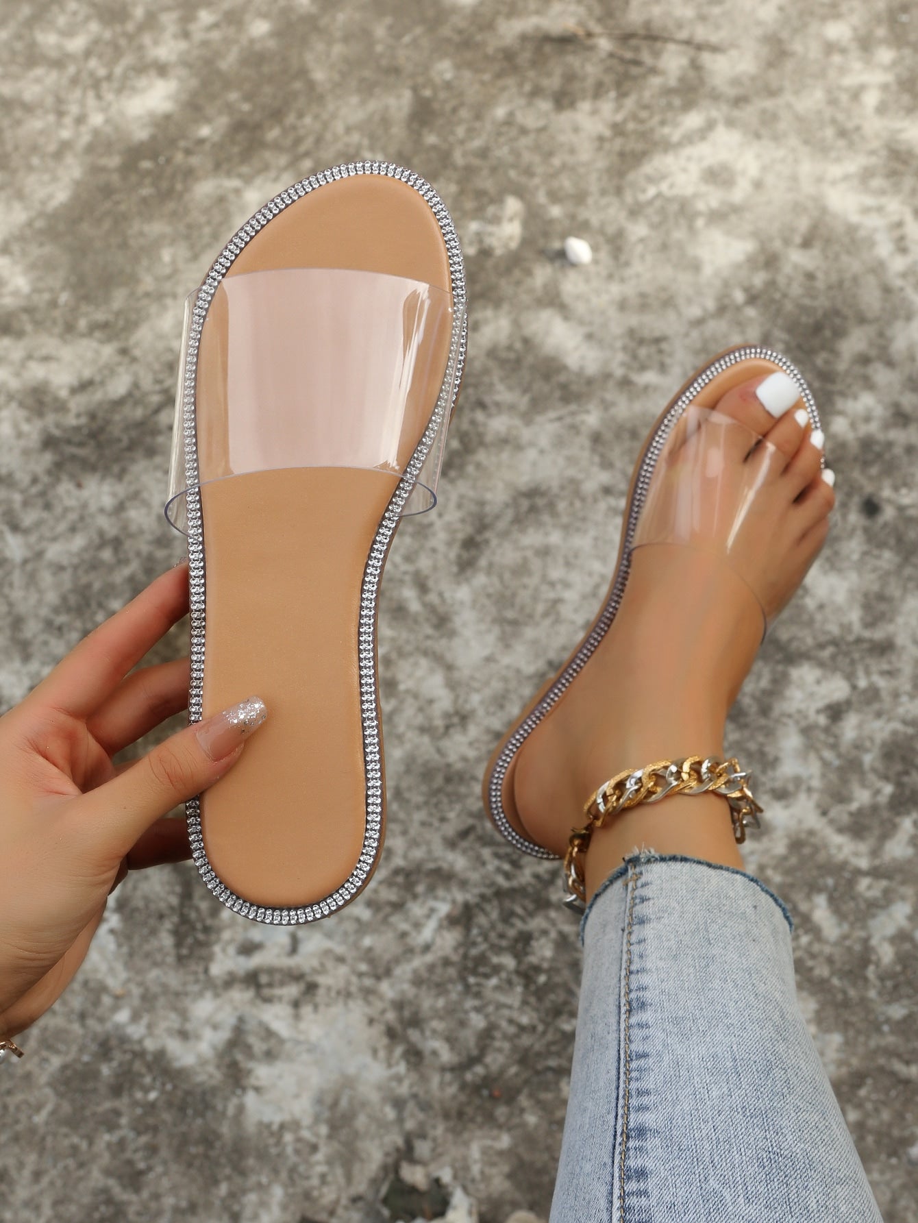 Women Clear Strap Slide Sandals Minimalist Rhinestone Flat Shoes