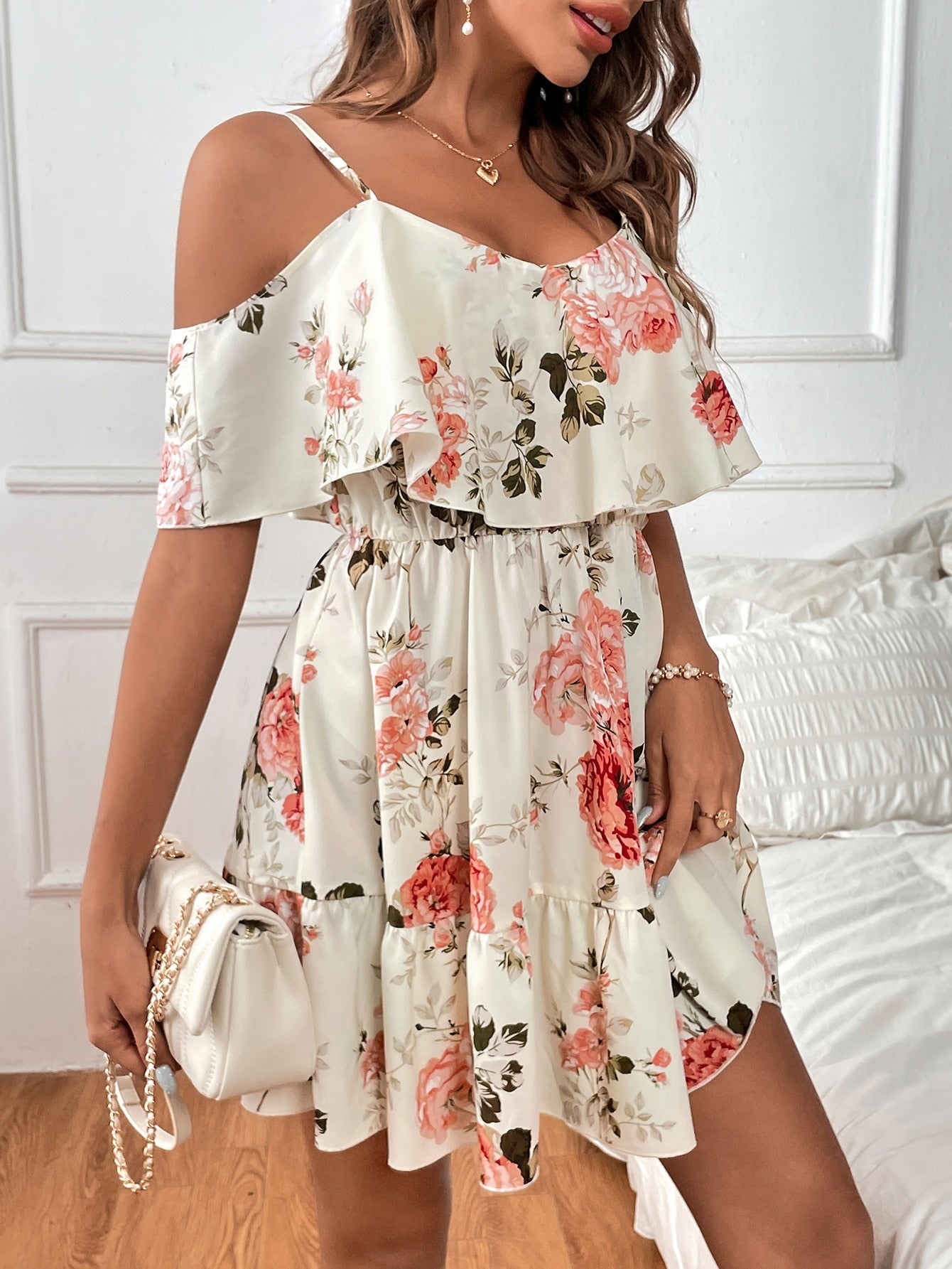 Clasi Floral Print Cold Shoulder Ruffle Hem Dress