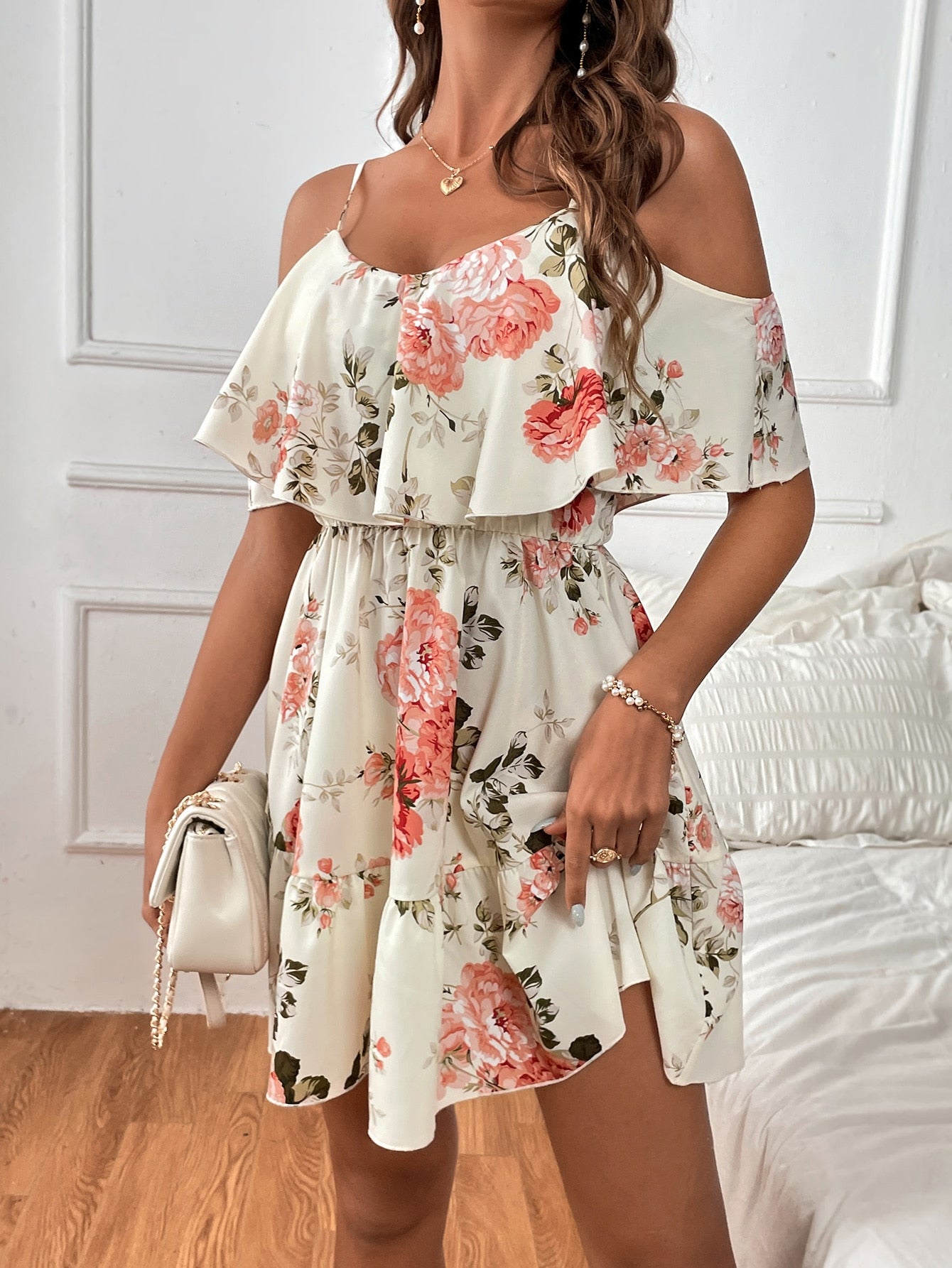 Clasi Floral Print Cold Shoulder Ruffle Hem Dress