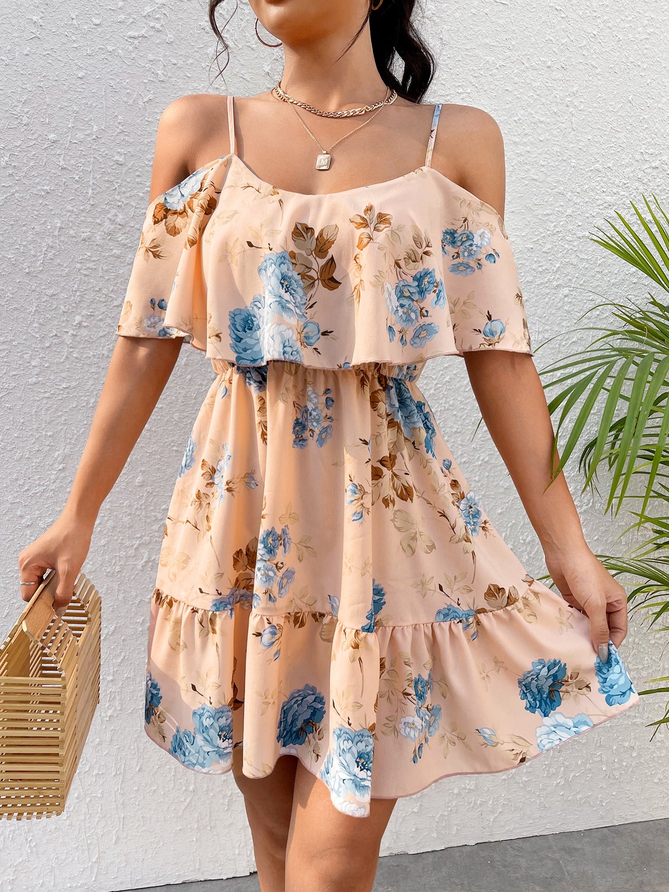 Clasi Floral Print Cold Shoulder Ruffle Hem Dress