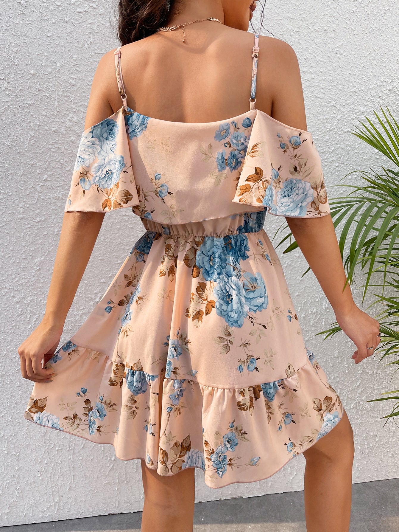 Clasi Floral Print Cold Shoulder Ruffle Hem Dress