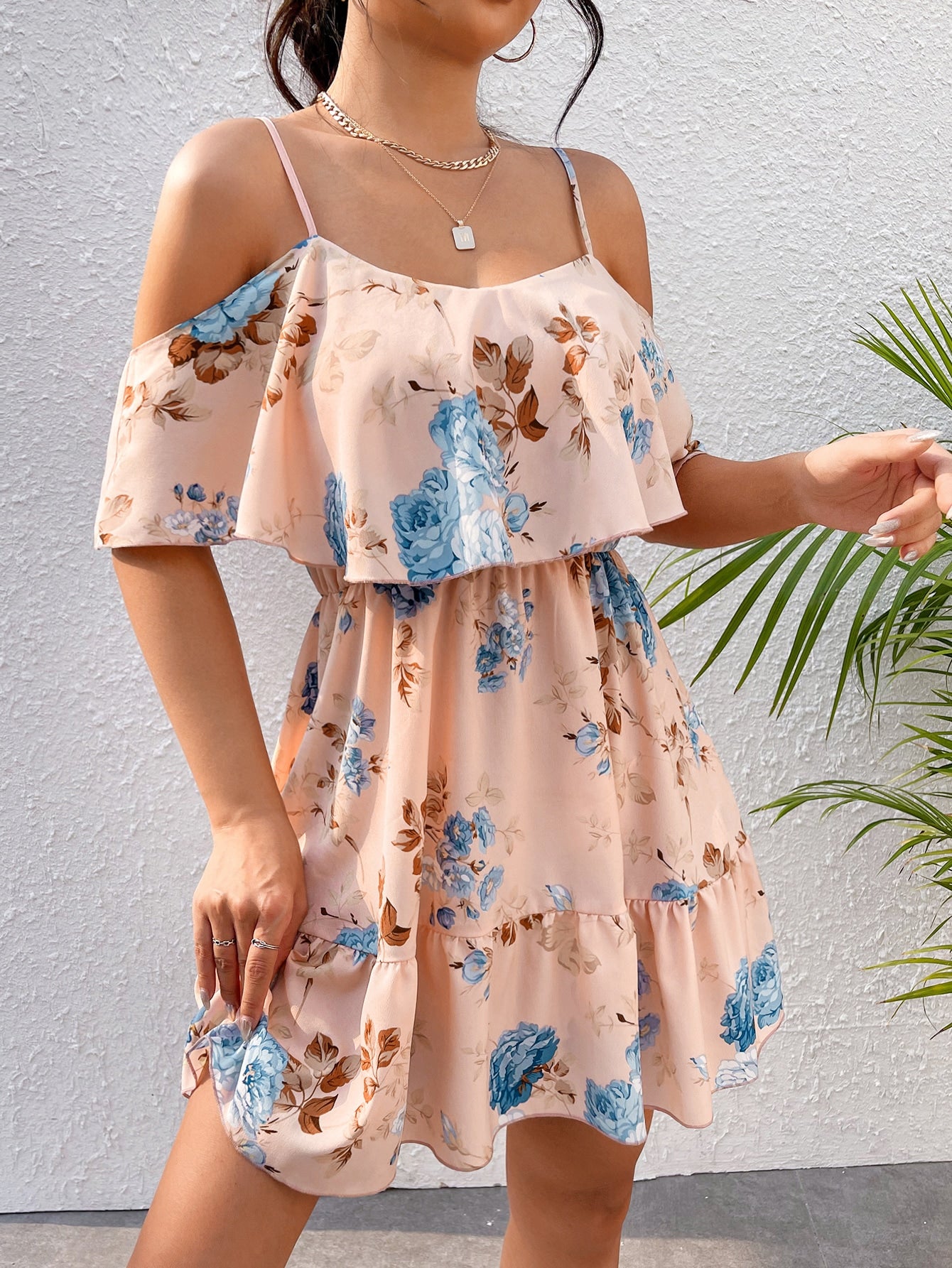 Clasi Floral Print Cold Shoulder Ruffle Hem Dress