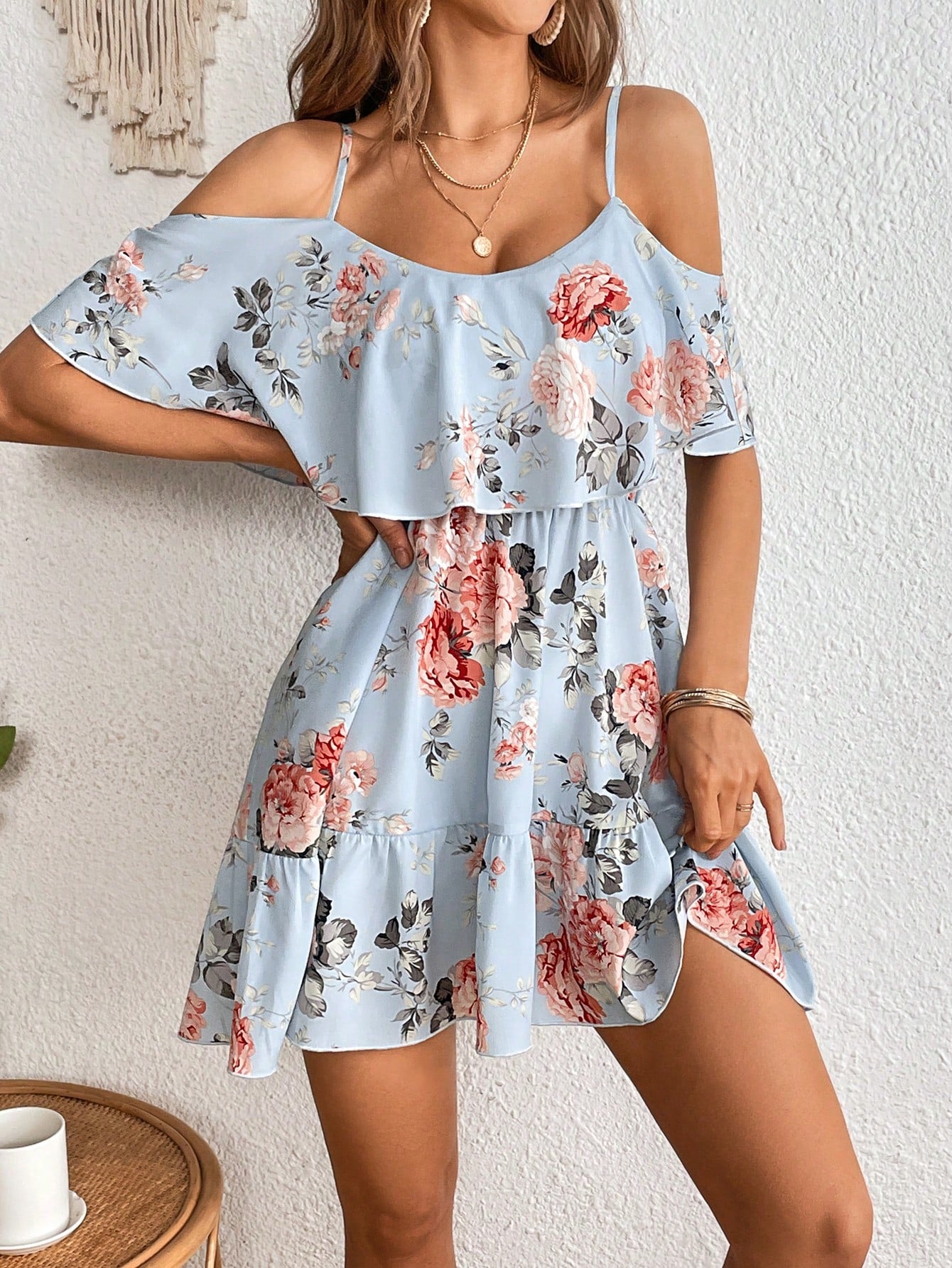 Clasi Floral Print Cold Shoulder Ruffle Hem Dress