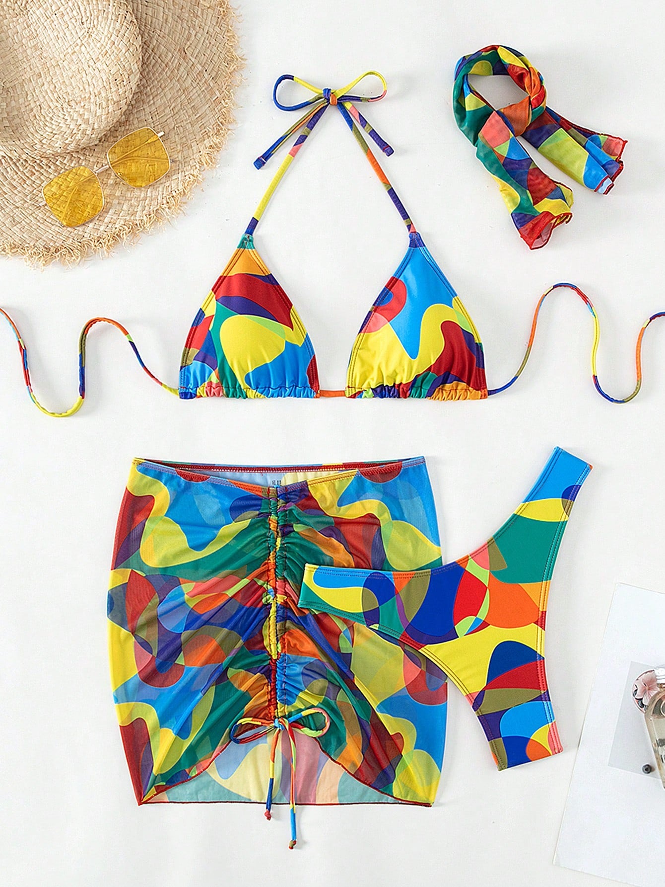 Swim Vcay Allover Print Halter Triangle Bikini Swimsuit With Beach Skirt & Bandana