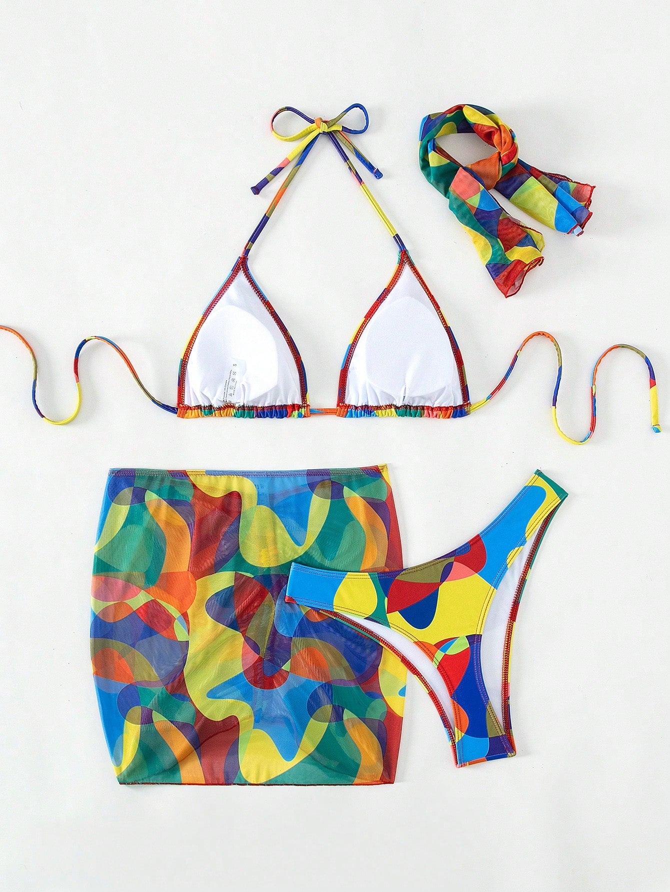 Swim Vcay Allover Print Halter Triangle Bikini Swimsuit With Beach Skirt & Bandana