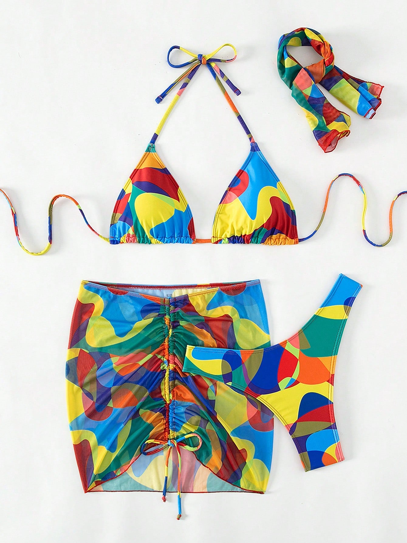 Swim Vcay Allover Print Halter Triangle Bikini Swimsuit With Beach Skirt & Bandana