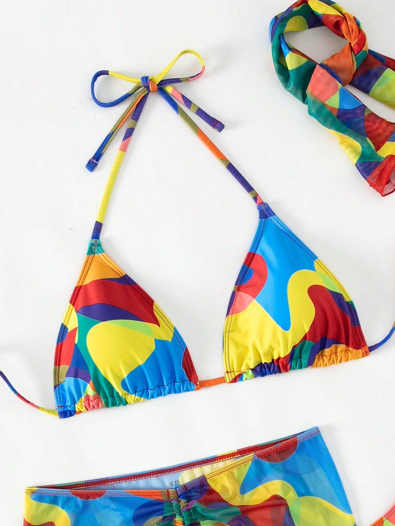 Swim Vcay Allover Print Halter Triangle Bikini Swimsuit With Beach Skirt & Bandana