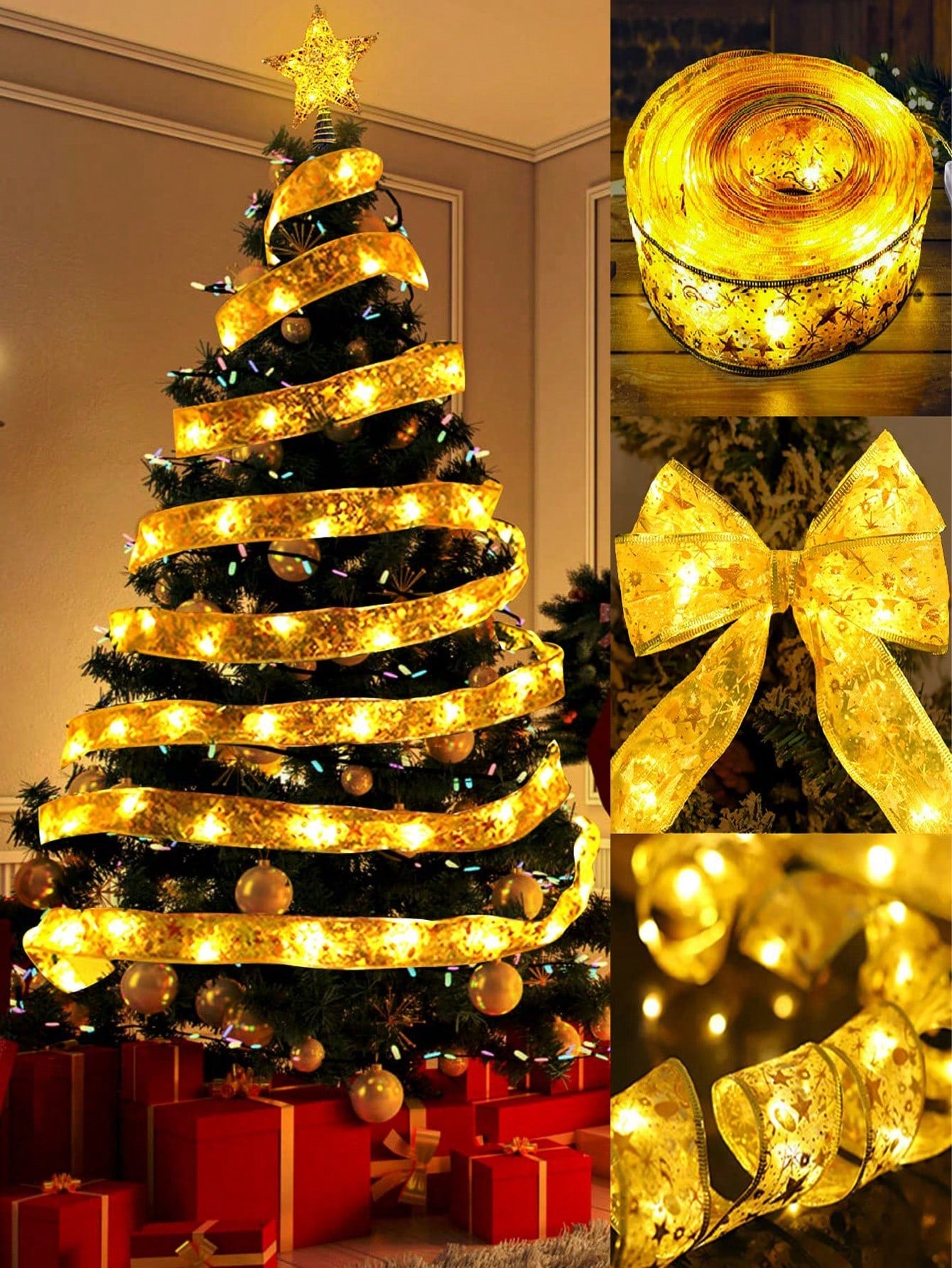 1pc 10 Meters Long Christmas Decoration Golden Ribbon With Light , Christmas Tree Decoration Party Background Decoration Supplies